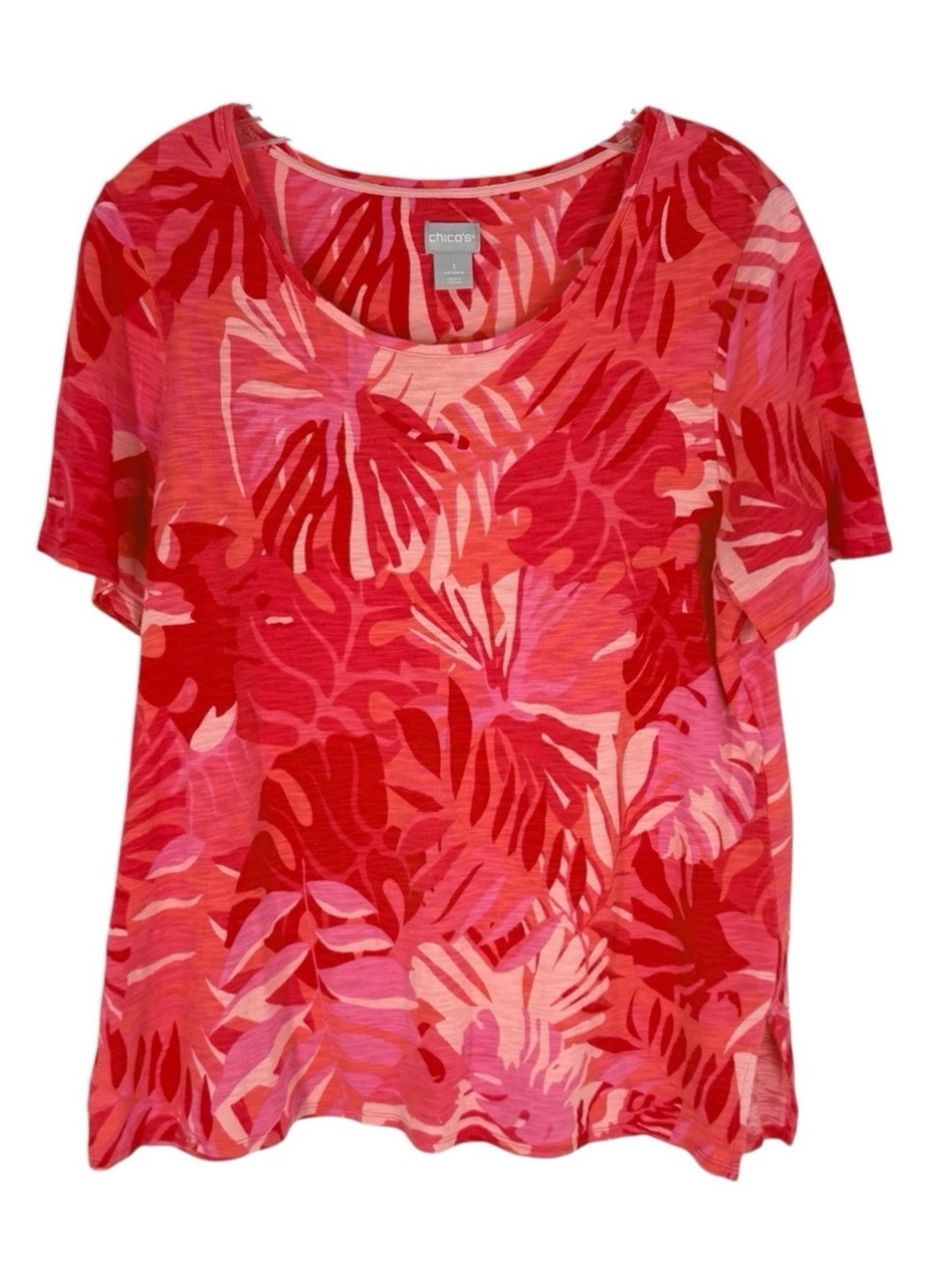 Chicos Knit Blouse Size 1 Coral Pink Cotton Modal Leaf Floral Womens Medium